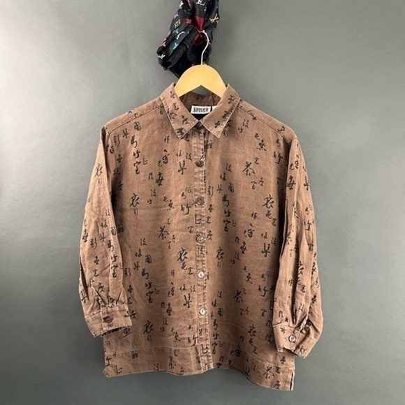 Linen Japanese Kanji Allover Print Boxy Luxury Streetwear Long Sleeve Shirt - Picture 3 of 11